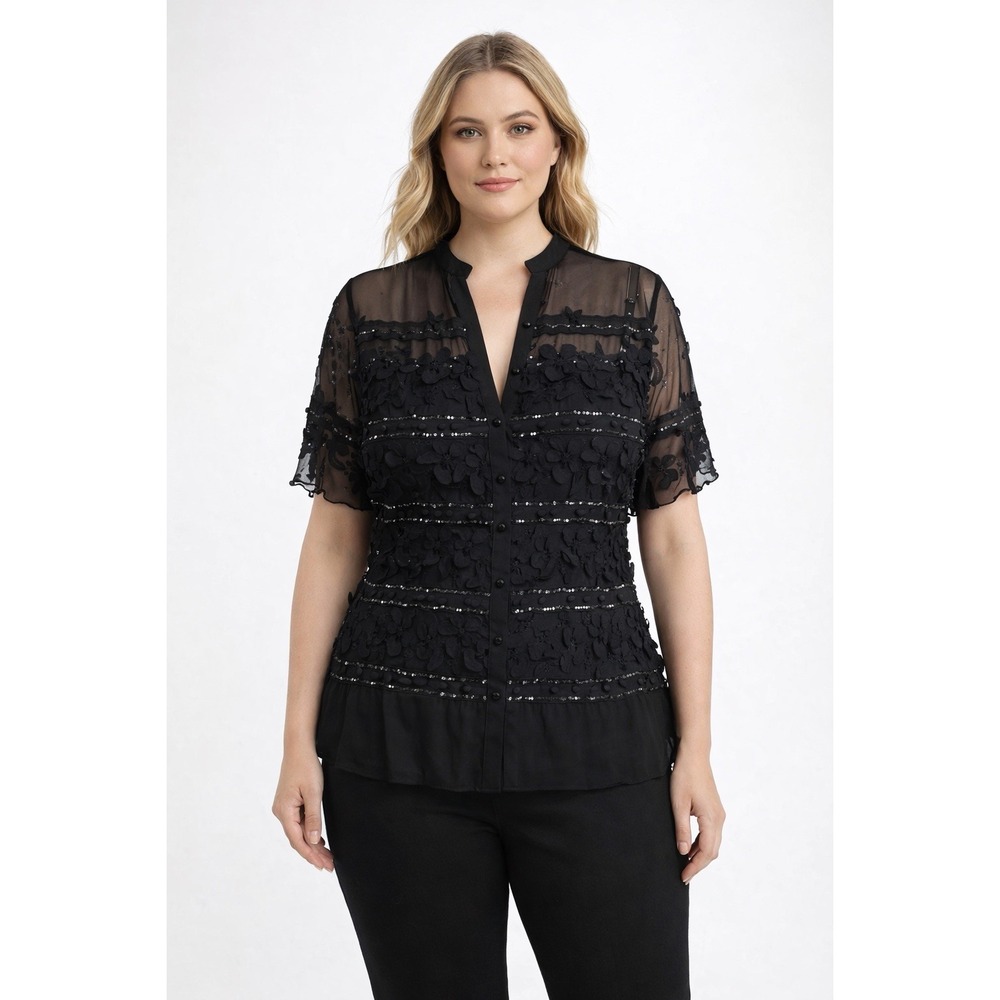 Alexandra Rosati Black Sheer Embellished Blouse Vintage Chic Evening‎ Top S